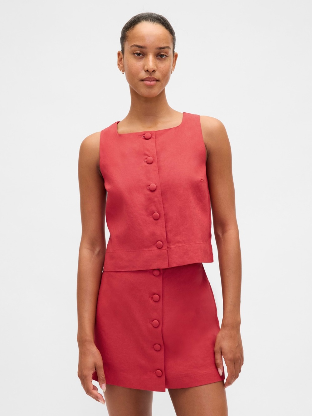 GAP Coral-Red Button-Front Mini Skirt